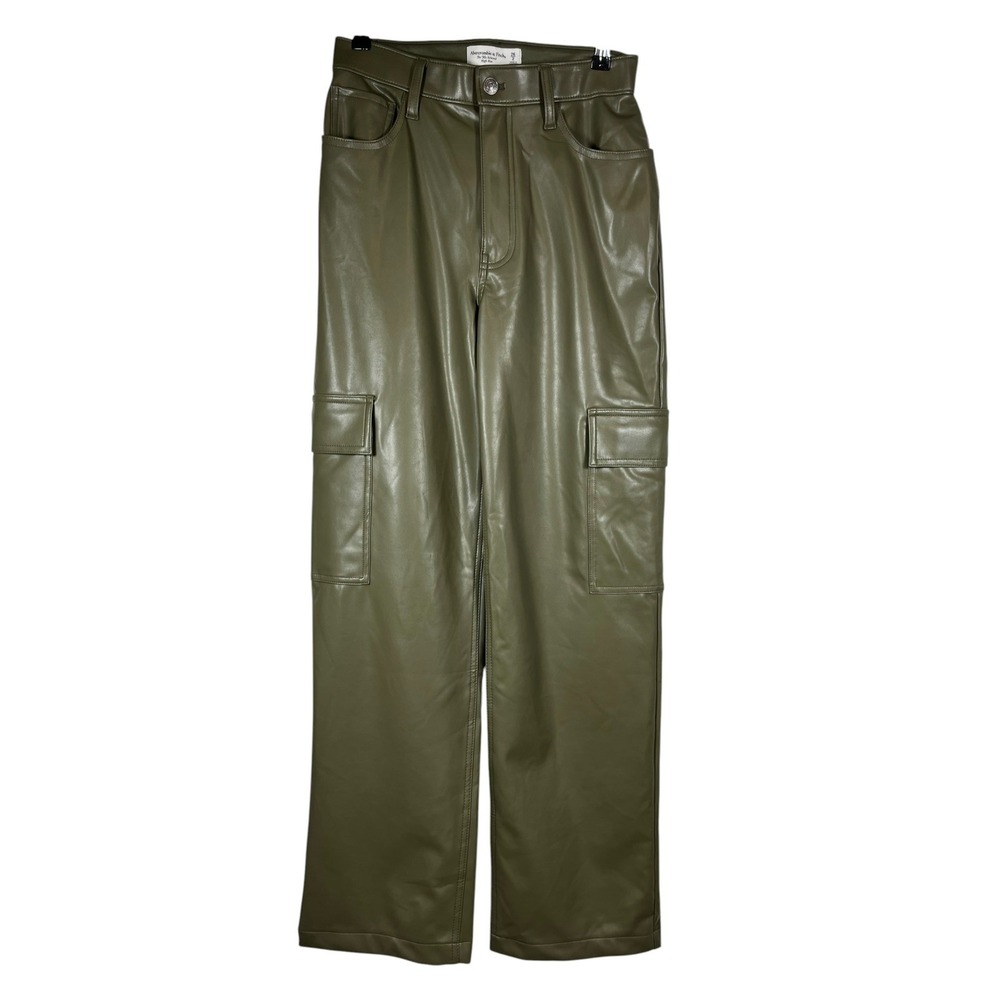 Abercrombie & Fitch Sz 2/26 Pants Olive Green Cargo Faux Leather 90s Relaxed